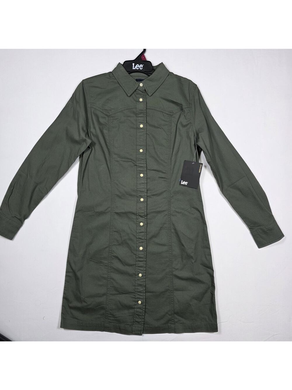 Lee Jeans Heritage Womens Small Shirt Dress Olive Green Button Front Long Sleeve